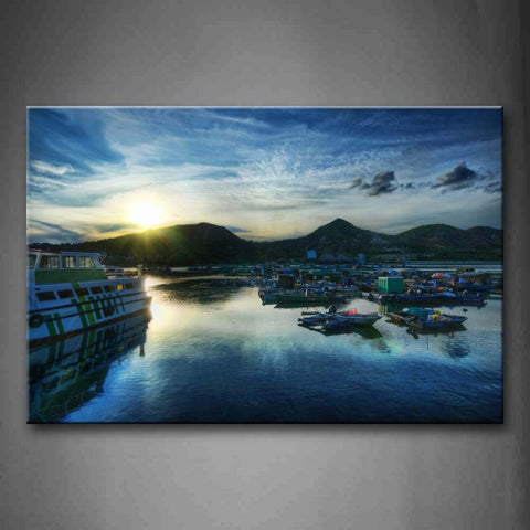 Boats In Lake Near Mountain  Wall Art Painting The Picture Print On Canvas Seascape Pictures For Home Decor Decoration Gift 