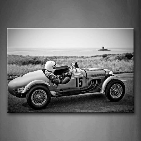 Black And White Man Drive A Auto Racing Car Near Sea  Wall Art Painting The Picture Print On Canvas Car Pictures For Home Decor Decoration Gift 