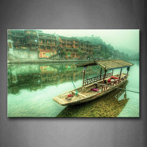 Boat On River And Old Houses In Shore  Wall Art Painting The Picture Print On Canvas Landscape Pictures For Home Decor Decoration Gift 