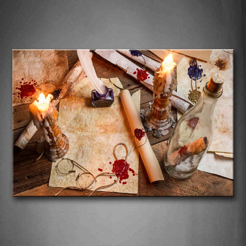 Vintage Candle Bottle And Old Paper On Wood Desk Wall Art Painting Pictures Print On Canvas Art The Picture For Home Modern Decoration 