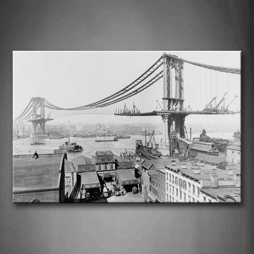 Busy Port Housees Build Bridge Boat On River Wall Art Painting Pictures Print On Canvas City The Picture For Home Modern Decoration 