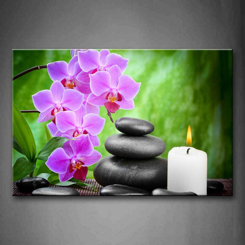 Purple Flower Black Cobblestones And Candle On Desk Wall Art Painting Pictures Print On Canvas Flower The Picture For Home Modern Decoration 