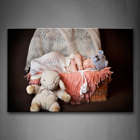 Cute Baby Sleep In Basket Near Cloth Dolls Wall Art Painting The Picture Print On Canvas Art Pictures For Home Decor Decoration Gift 
