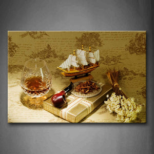 Brown Sailing Model And Glass Flowers  Wall Art Painting Pictures Print On Canvas Flower The Picture For Home Modern Decoration 