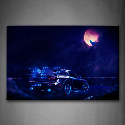 Shiny Cars And A Wolf Shouting Around The Moon  Wall Art Painting The Picture Print On Canvas Art Pictures For Home Decor Decoration Gift 