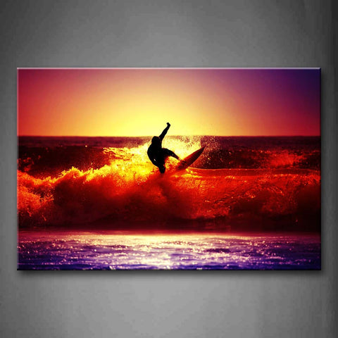 Man Is Surfing In The Sea Covered By Red  Wall Art Painting The Picture Print On Canvas Seascape Pictures For Home Decor Decoration Gift 