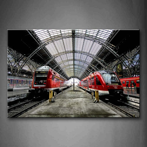 Three Red Trains At The Railway Station Wall Art Painting The Picture Print On Canvas Car Pictures For Home Decor Decoration Gift 