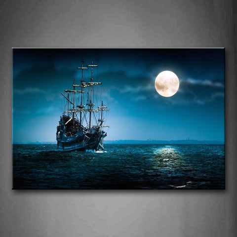 Blue Boat On Seascape And Moon In The Sky Wall Art Painting The Picture Print On Canvas Car Pictures For Home Decor Decoration Gift 