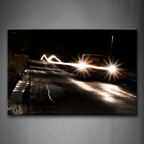 Red Car With Bright Car Lights On Road In Night Wall Art Painting Pictures Print On Canvas Car The Picture For Home Modern Decoration 