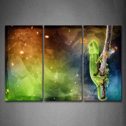 Cool Green Chameleon On Branch Butterfly Colorful Sky Wall Art Painting The Picture Print On Canvas Abstract Pictures For Home Decor Decoration Gift 