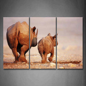 Mother Rhino And Cub Walk On Land Wall Art Painting Pictures Print On Canvas Animal The Picture For Home Modern Decoration 