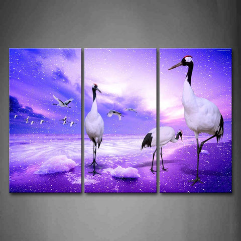 Artistic  Cranes Stand And Fly In Purple Background Wall Art Painting Pictures Print On Canvas Animal The Picture For Home Modern Decoration 