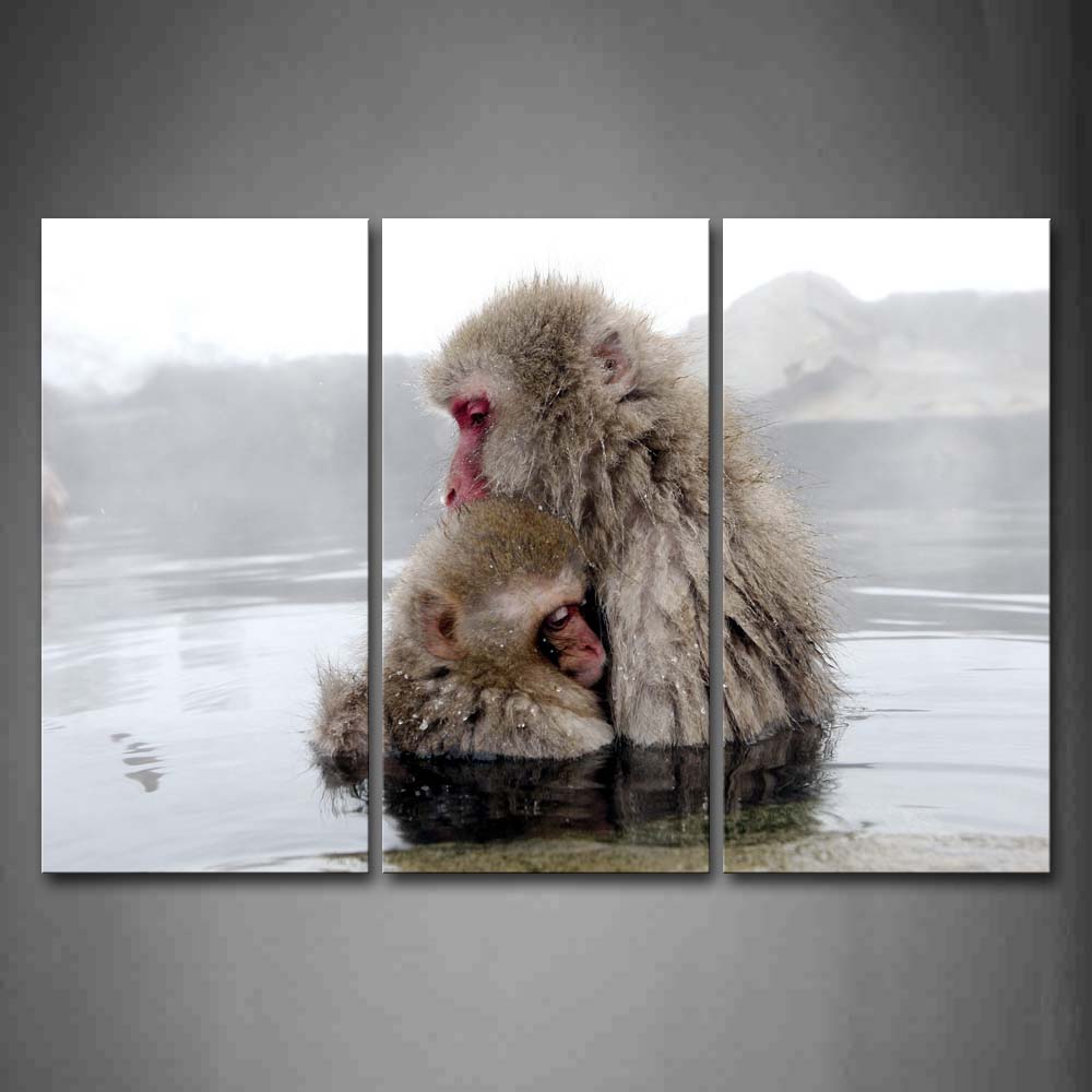 Mother Japanese Macaque And Cub In Lake Wall Art Painting Pictures Print On Canvas Animal The Picture For Home Modern Decoration 