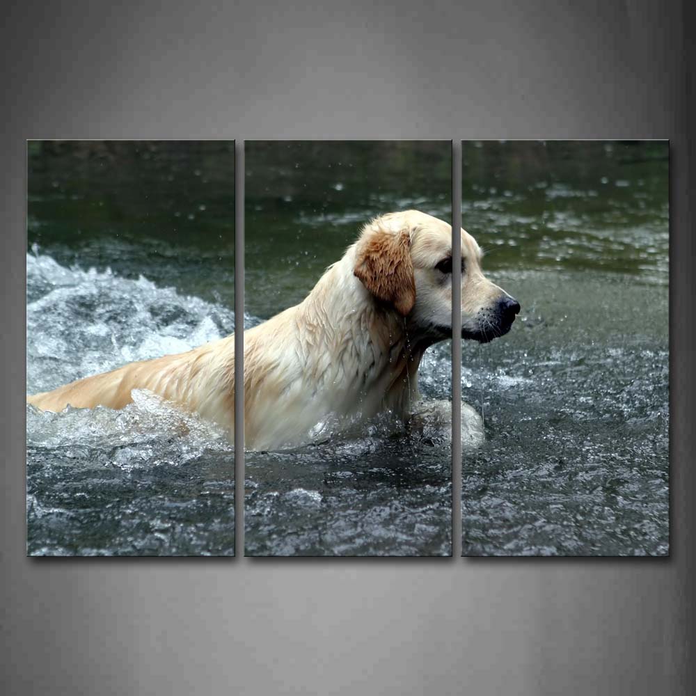 Yellow And White Dog Walk In River Wall Art Painting The Picture Print On Canvas Animal Pictures For Home Decor Decoration Gift 