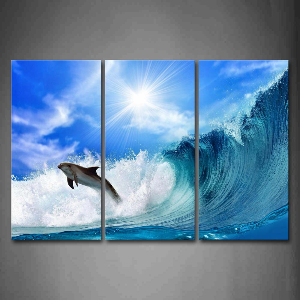 Dolphin Jump Over Blue Sea Wave Bright Sun Wall Art Painting Pictures Print On Canvas Animal The Picture For Home Modern Decoration 