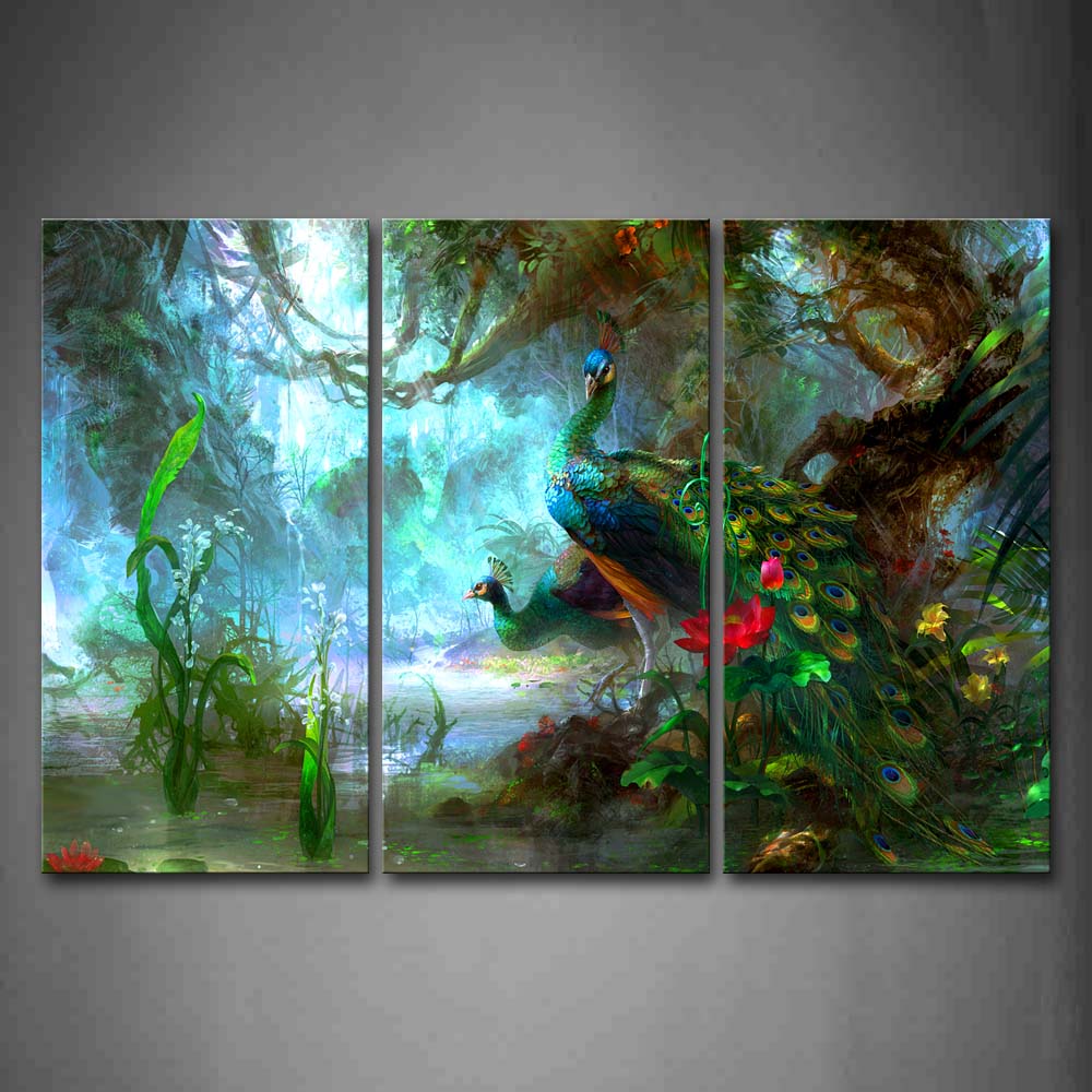 Two Peacocks Walk In Forest Beautiful Wall Art Painting The Picture Print On Canvas Animal Pictures For Home Decor Decoration Gift 