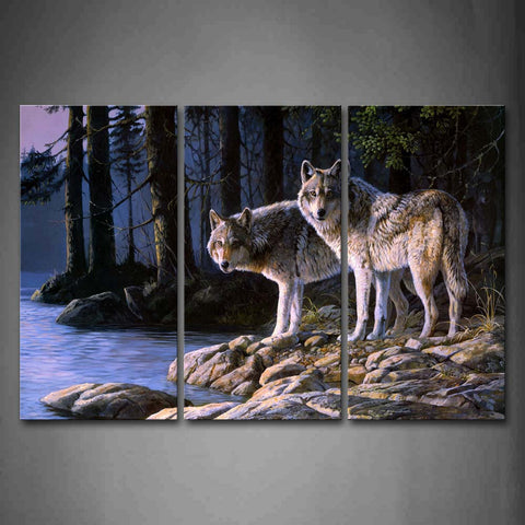 Two Wolfs Stand On River Bank Forest  Wall Art Painting Pictures Print On Canvas Animal The Picture For Home Modern Decoration 