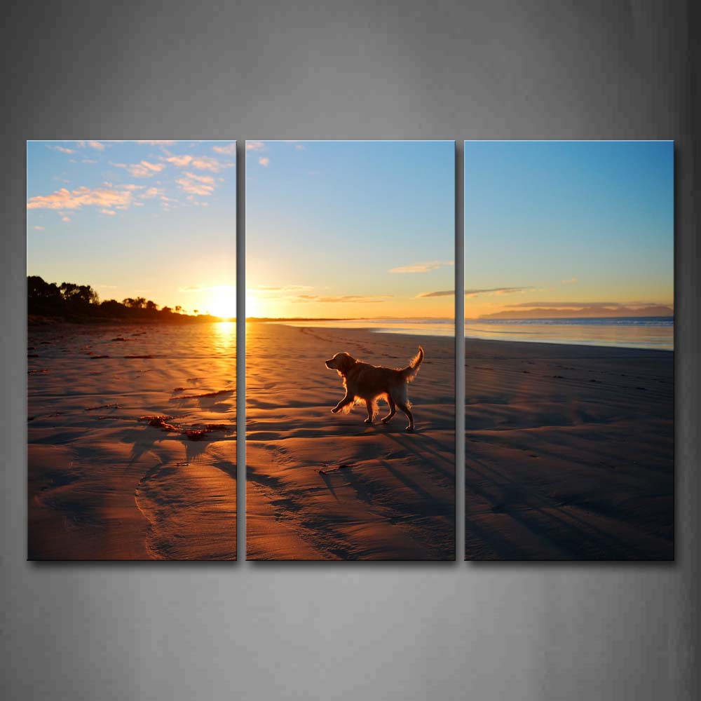 Dog Walk On Beach At Sunset Wall Art Painting Pictures Print On Canvas Animal The Picture For Home Modern Decoration 