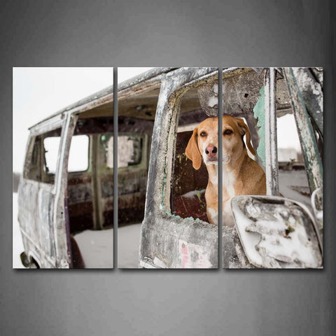 Dog On Abandon Car Staring In Winter Wall Art Painting The Picture Print On Canvas Animal Pictures For Home Decor Decoration Gift 