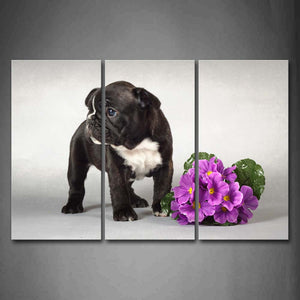 Puppy Stand Near A Bunch Of Purple Flower Wall Art Painting The Picture Print On Canvas Animal Pictures For Home Decor Decoration Gift 