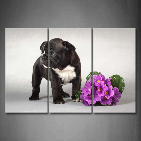 Puppy Stand Near A Bunch Of Purple Flower Wall Art Painting The Picture Print On Canvas Animal Pictures For Home Decor Decoration Gift 