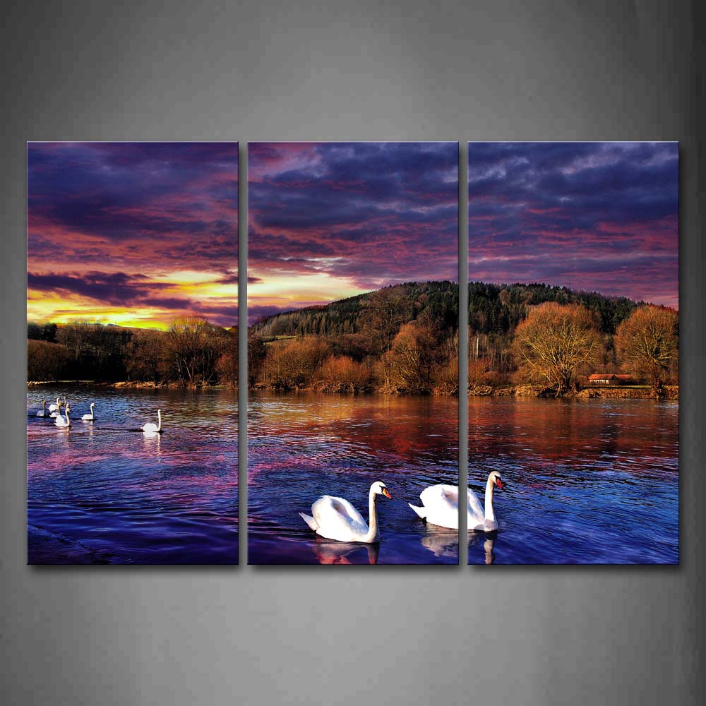 Group Of Swan Swimming On Lake  Tree Hill At Dusk Wall Art Painting The Picture Print On Canvas Animal Pictures For Home Decor Decoration Gift 