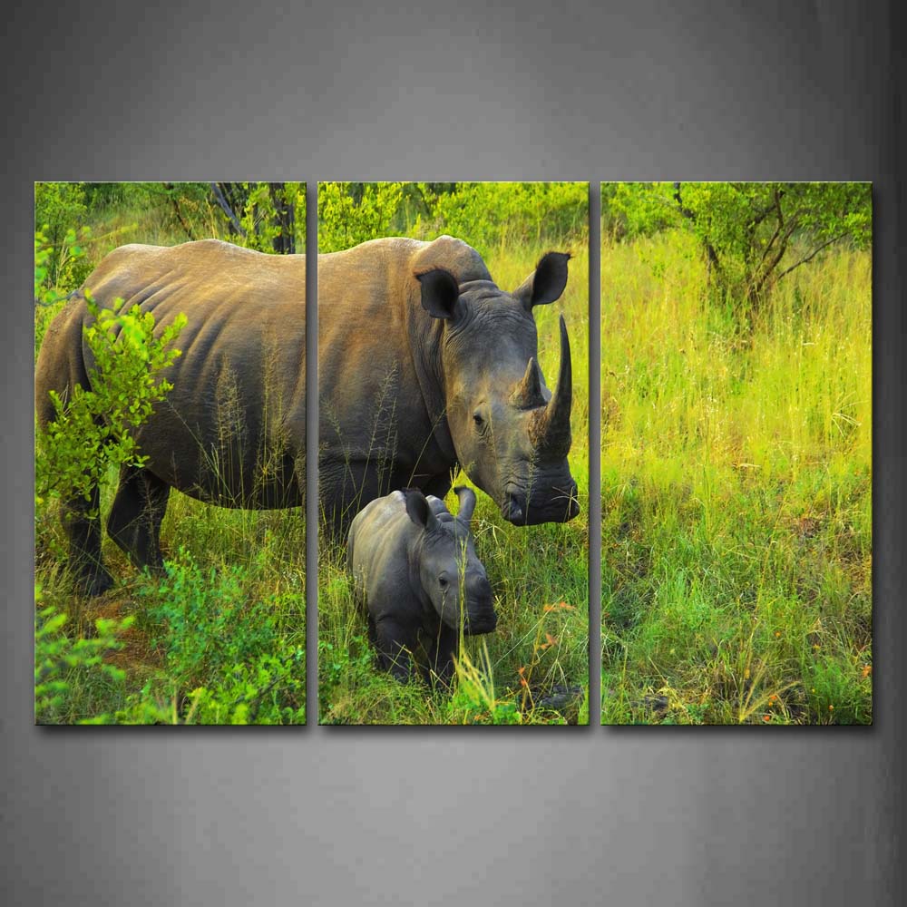 Mother Rhino And Cub Walk On Grassland Trees Wall Art Painting The Picture Print On Canvas Animal Pictures For Home Decor Decoration Gift 