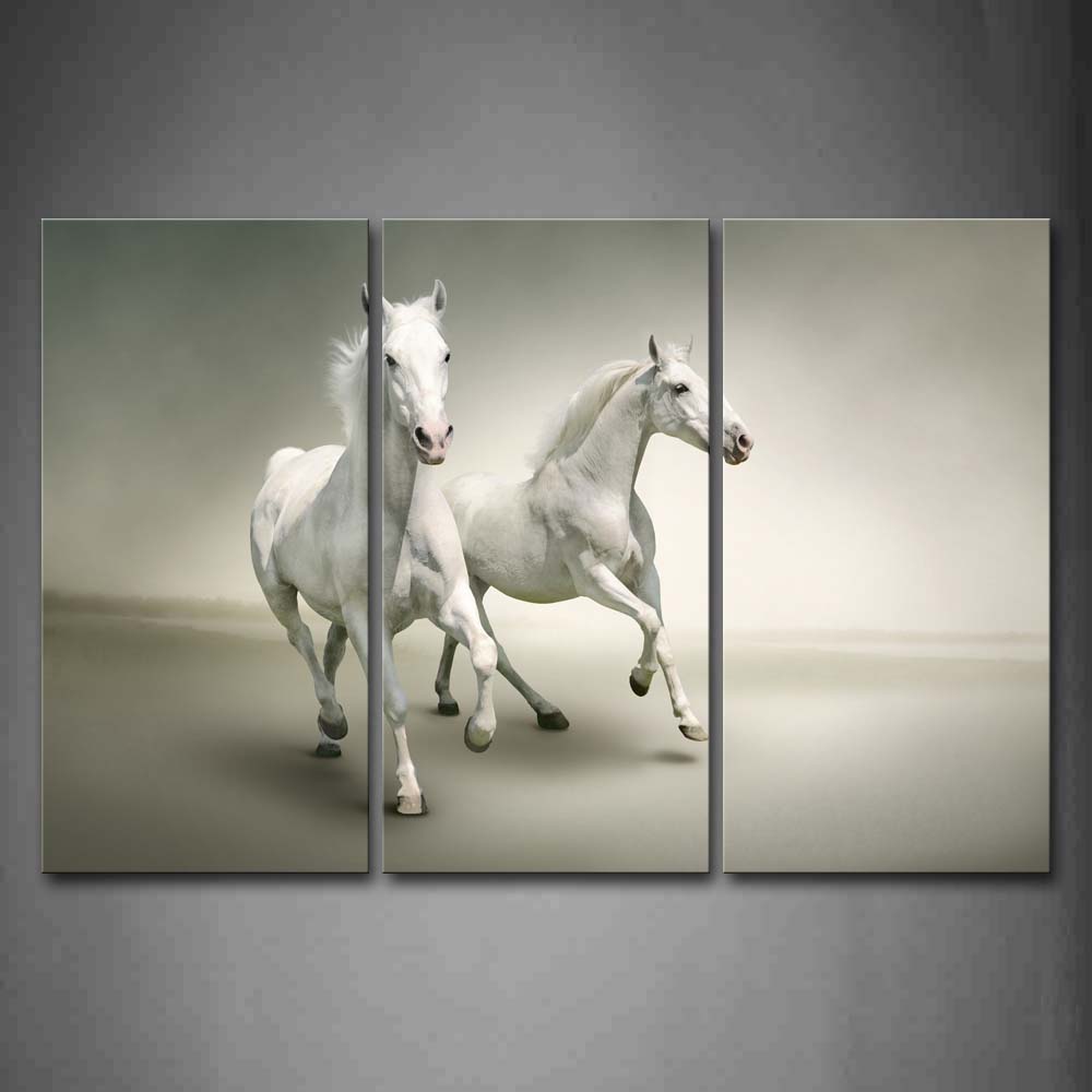 Two White Horse Are Running On Gray Background Wall Art Painting The Picture Print On Canvas Animal Pictures For Home Decor Decoration Gift 