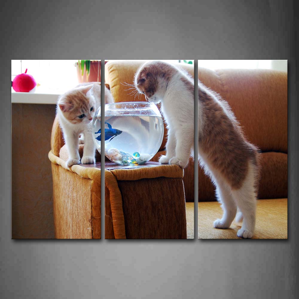 Two Cat Stare At Fish Tank And Want To Eat Fish Wall Art Painting The Picture Print On Canvas Animal Pictures For Home Decor Decoration Gift 
