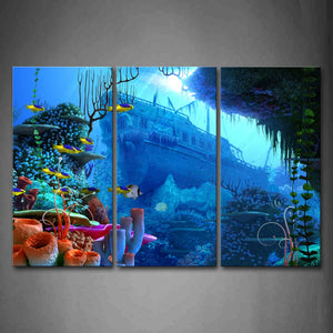 Blue Fish Colorful With Big Boat In Sea Wall Art Painting The Picture Print On Canvas Animal Pictures For Home Decor Decoration Gift 