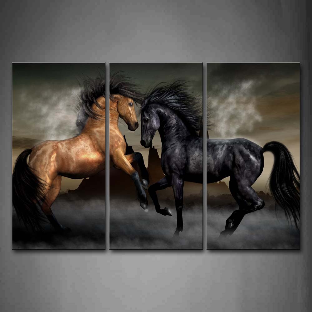 Yellow And Black Horse Play Together Wall Art Painting The Picture Print On Canvas Animal Pictures For Home Decor Decoration Gift 