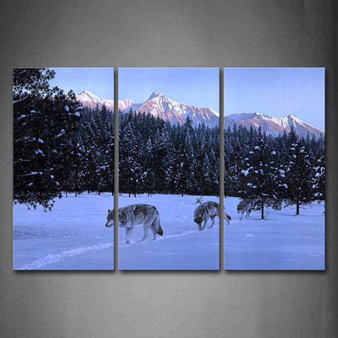 Three Wolfs Walk On Snowfield Tree Mountain Wall Art Painting The Picture Print On Canvas Animal Pictures For Home Decor Decoration Gift 