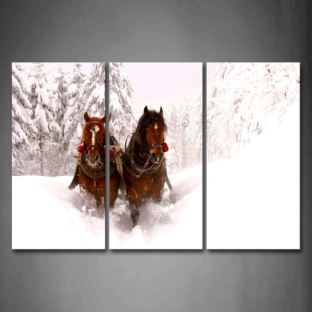 Two Brown Horse Drag On Snowfield Trees Wall Art Painting The Picture Print On Canvas Animal Pictures For Home Decor Decoration Gift 