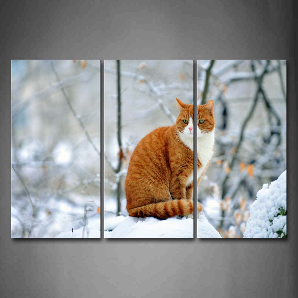 Yellow Cat Sit On Snowfield Branch Wall Art Painting The Picture Print On Canvas Animal Pictures For Home Decor Decoration Gift 