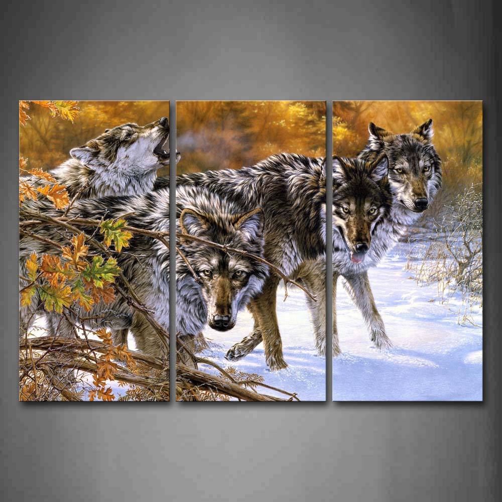 Four Wolfs Stop On Snowfield Tree Wall Art Painting The Picture Print On Canvas Animal Pictures For Home Decor Decoration Gift 