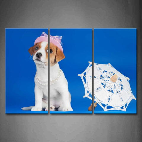 White Dog Wear A Cap And Necklace Near A Umbrella In Blue Background Wall Art Painting The Picture Print On Canvas Animal Pictures For Home Decor Decoration Gift 