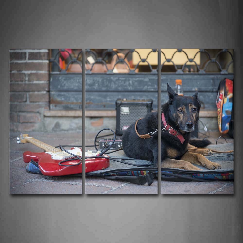 Black Dog Lie On Road Guitar Like Busker Wall Art Painting Pictures Print On Canvas Animal The Picture For Home Modern Decoration 