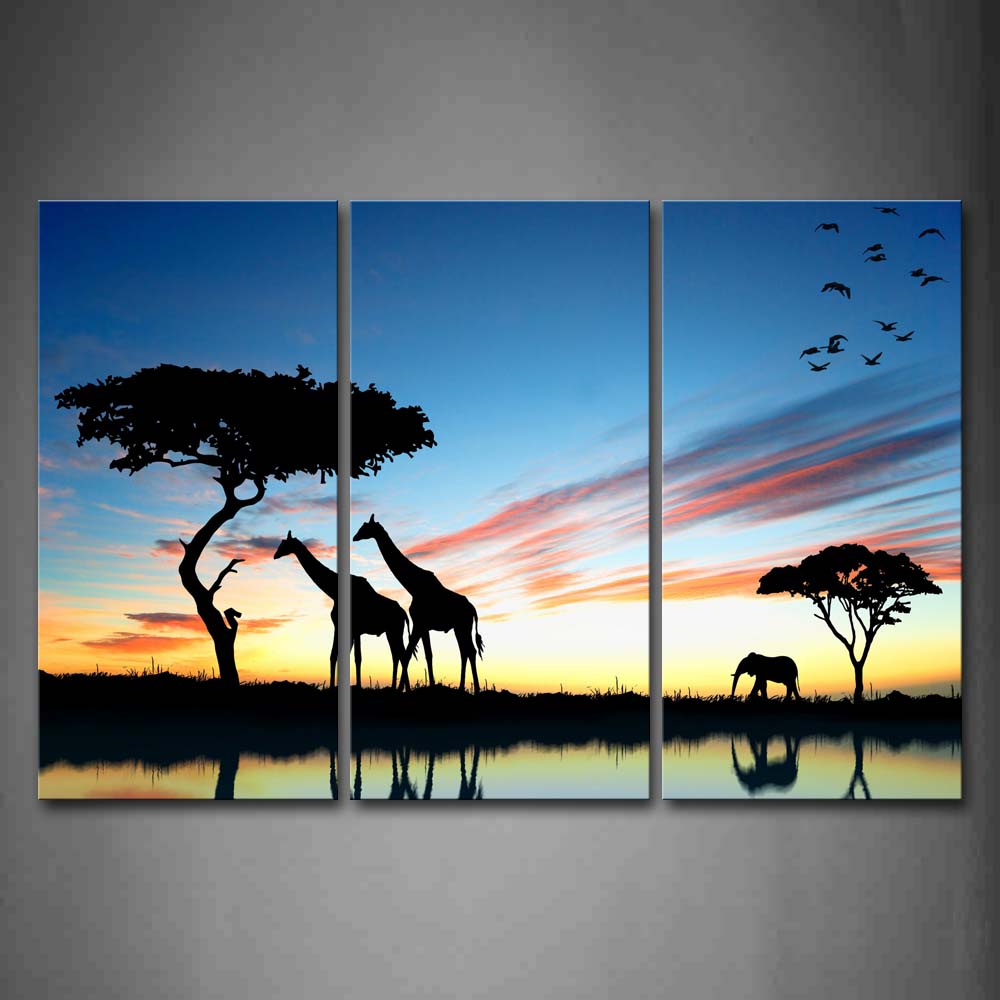 Two Giraffe Under Tree And A Elephant Bird Near Lake At Dusk Wall Art Painting The Picture Print On Canvas Animal Pictures For Home Decor Decoration Gift 