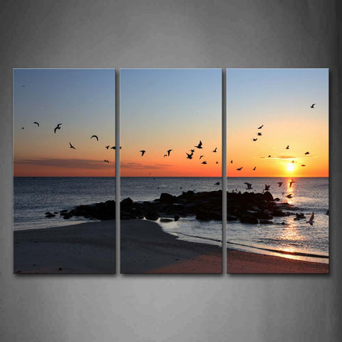 Group Of Bird Fly Away Beach At Sunset Wall Art Painting Pictures Print On Canvas Seascape The Picture For Home Modern Decoration 