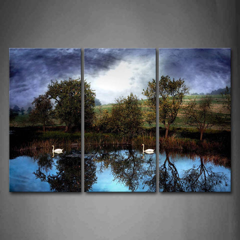 Two Swan Swimming On Lake Trees Cloudy Wall Art Painting The Picture Print On Canvas Animal Pictures For Home Decor Decoration Gift 