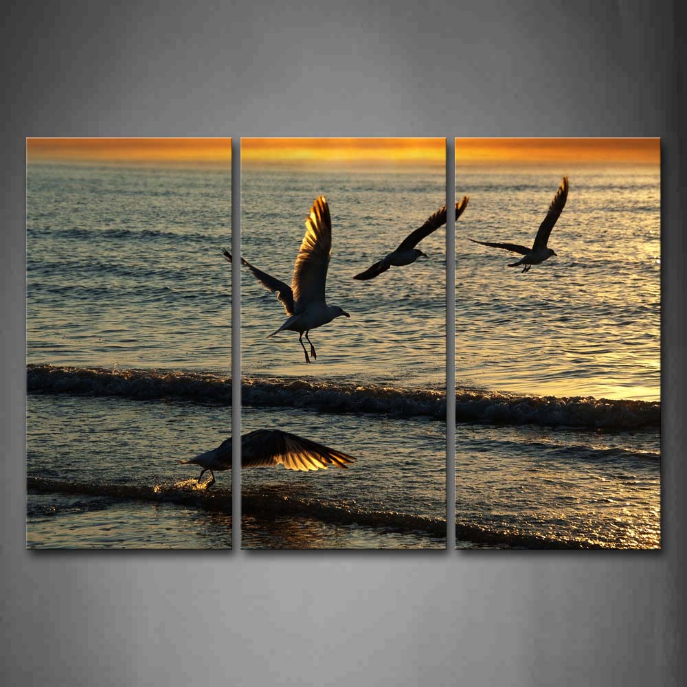 Four Seagull Fly Away Beach At Dusk Wall Art Painting Pictures Print On Canvas Animal The Picture For Home Modern Decoration 