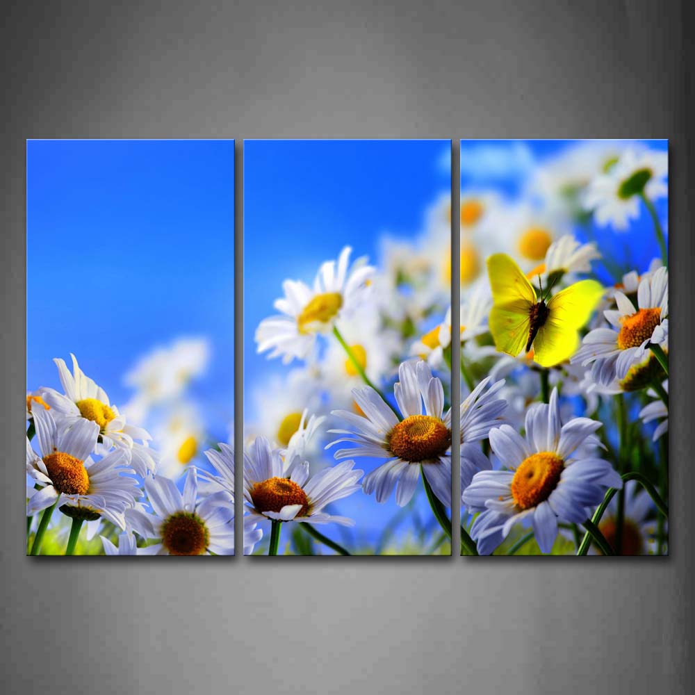 Yellow Butterfly Stop On White And Yellow Flowers Wall Art Painting The Picture Print On Canvas Flower Pictures For Home Decor Decoration Gift 