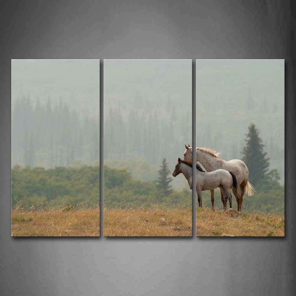 Big And Small Horses Stand On Dry Grass Hill Trees Wall Art Painting The Picture Print On Canvas Animal Pictures For Home Decor Decoration Gift 