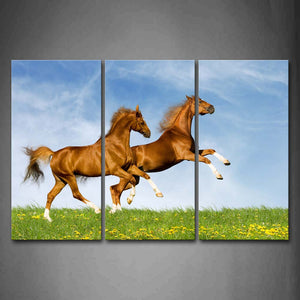 Two Yellow Horses Running Over Grassland Yellow Flower Wall Art Painting The Picture Print On Canvas Animal Pictures For Home Decor Decoration Gift 