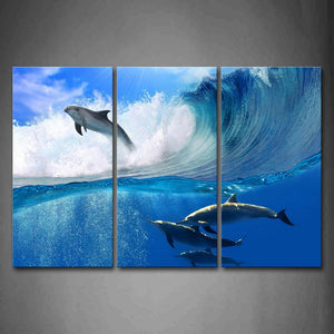 Dolphins Jump Over Sea And Swimming In Blue Sea Wave Wall Art Painting Pictures Print On Canvas Animal The Picture For Home Modern Decoration 