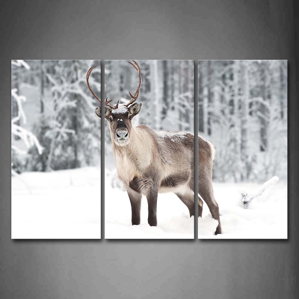 Deer Stand On Snowfield Trees  Wall Art Painting Pictures Print On Canvas Animal The Picture For Home Modern Decoration 