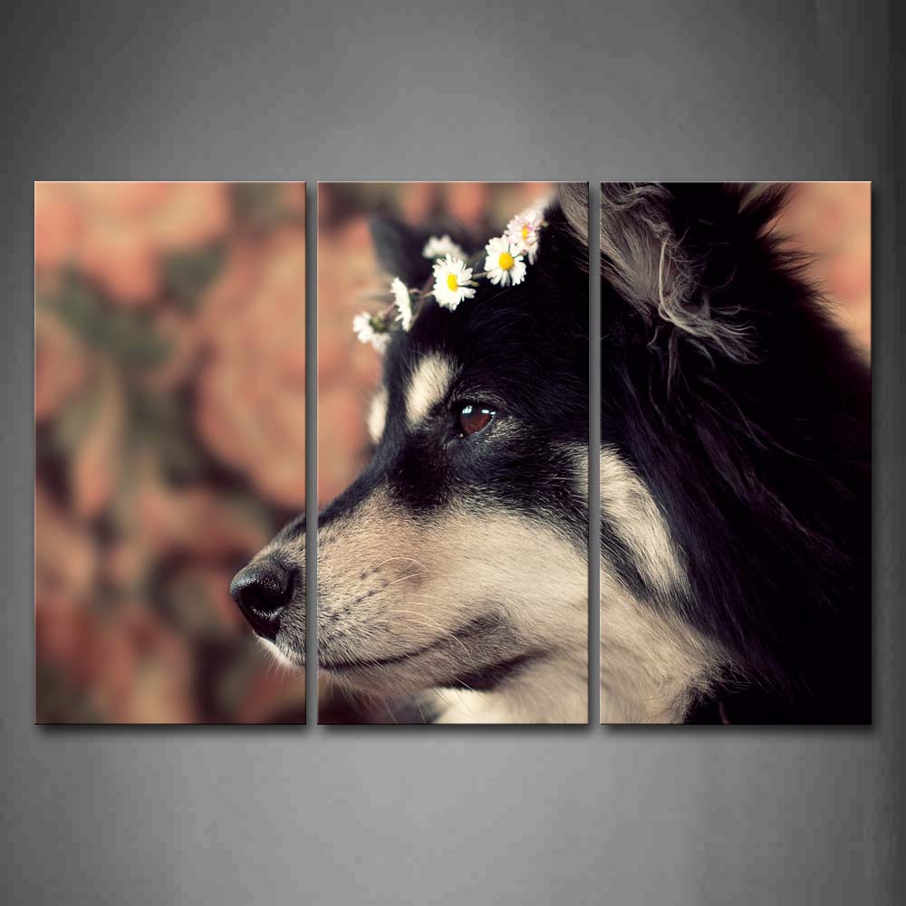 Portrait Of Black Dog Wear A Flower Cap Wall Art Painting The Picture Print On Canvas Animal Pictures For Home Decor Decoration Gift 