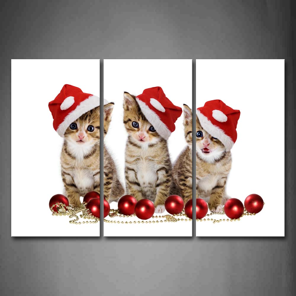 Three Cats Sear Red Cap Near A Necklace  Wall Art Painting The Picture Print On Canvas Animal Pictures For Home Decor Decoration Gift 