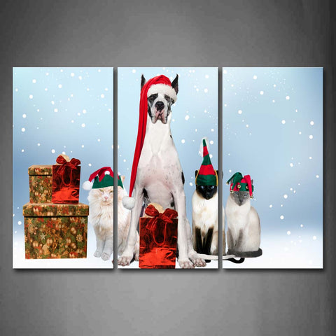 Dog And Cats Sit Near Gifts Snowing Wall Art Painting The Picture Print On Canvas Animal Pictures For Home Decor Decoration Gift 