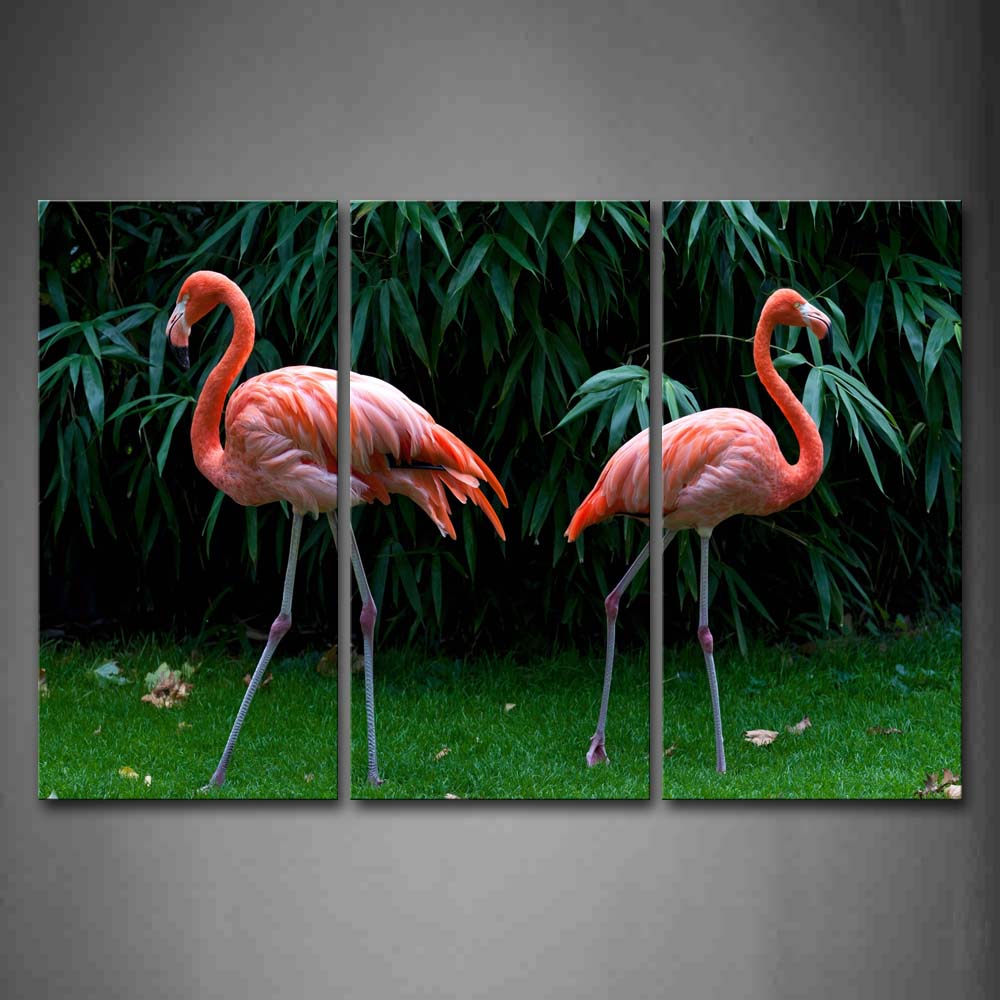 Two Flamingos Stand On Lawn In Front Of Green Plant Wall Art Painting The Picture Print On Canvas Animal Pictures For Home Decor Decoration Gift 